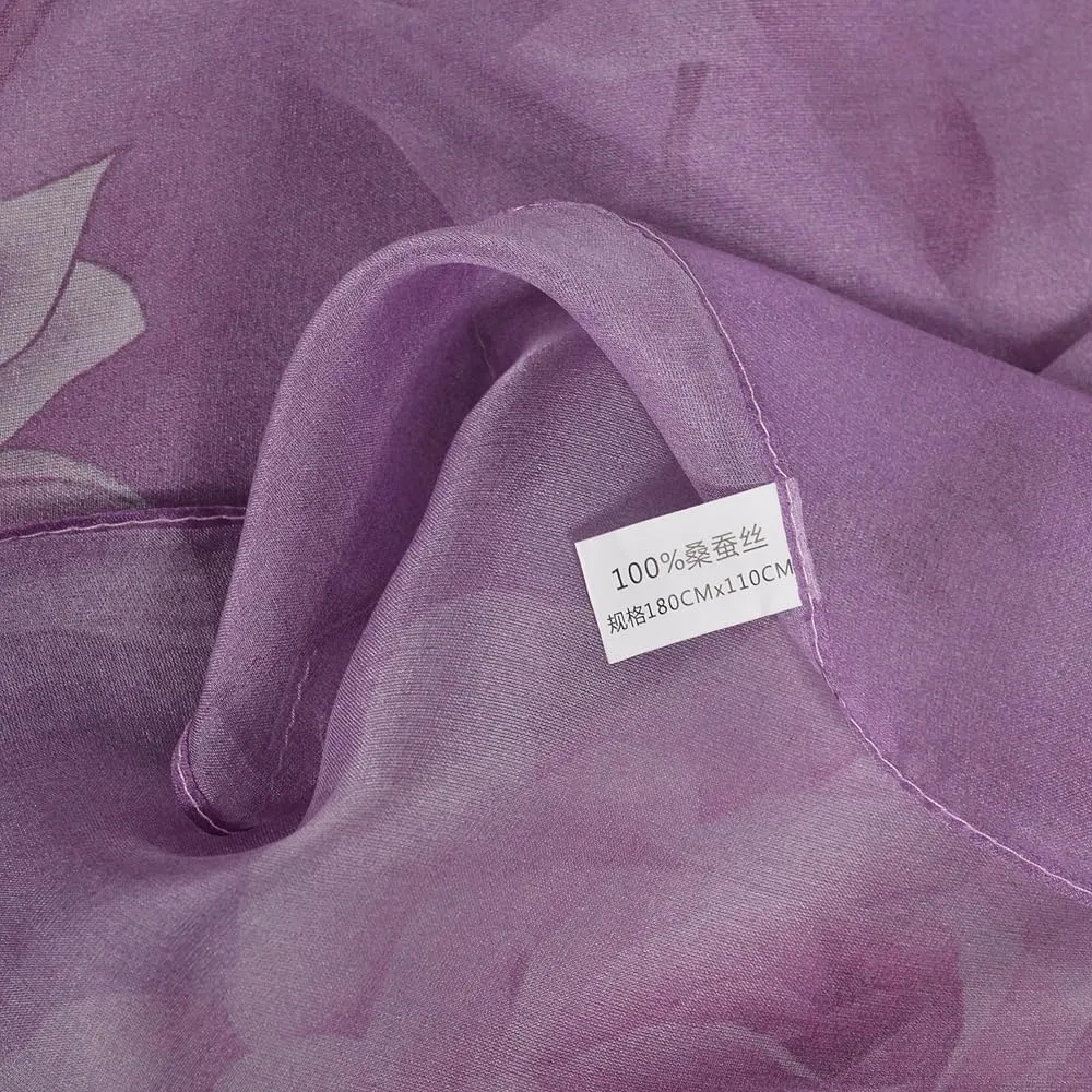 100% Mulberry Silk Women's Neck Silk Scarf-Lightweight Shawl,FLoral Print Oblong Beach Silk Wrap-Scarves for Photography
