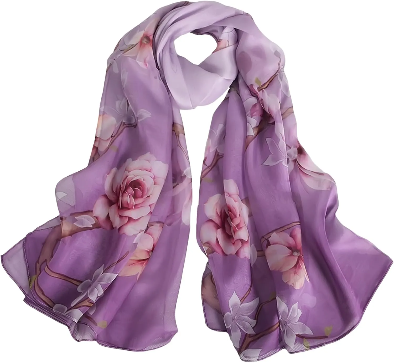 100% Mulberry Silk Women's Neck Silk Scarf-Lightweight Shawl,FLoral Print Oblong Beach Silk Wrap-Scarves for Photography
