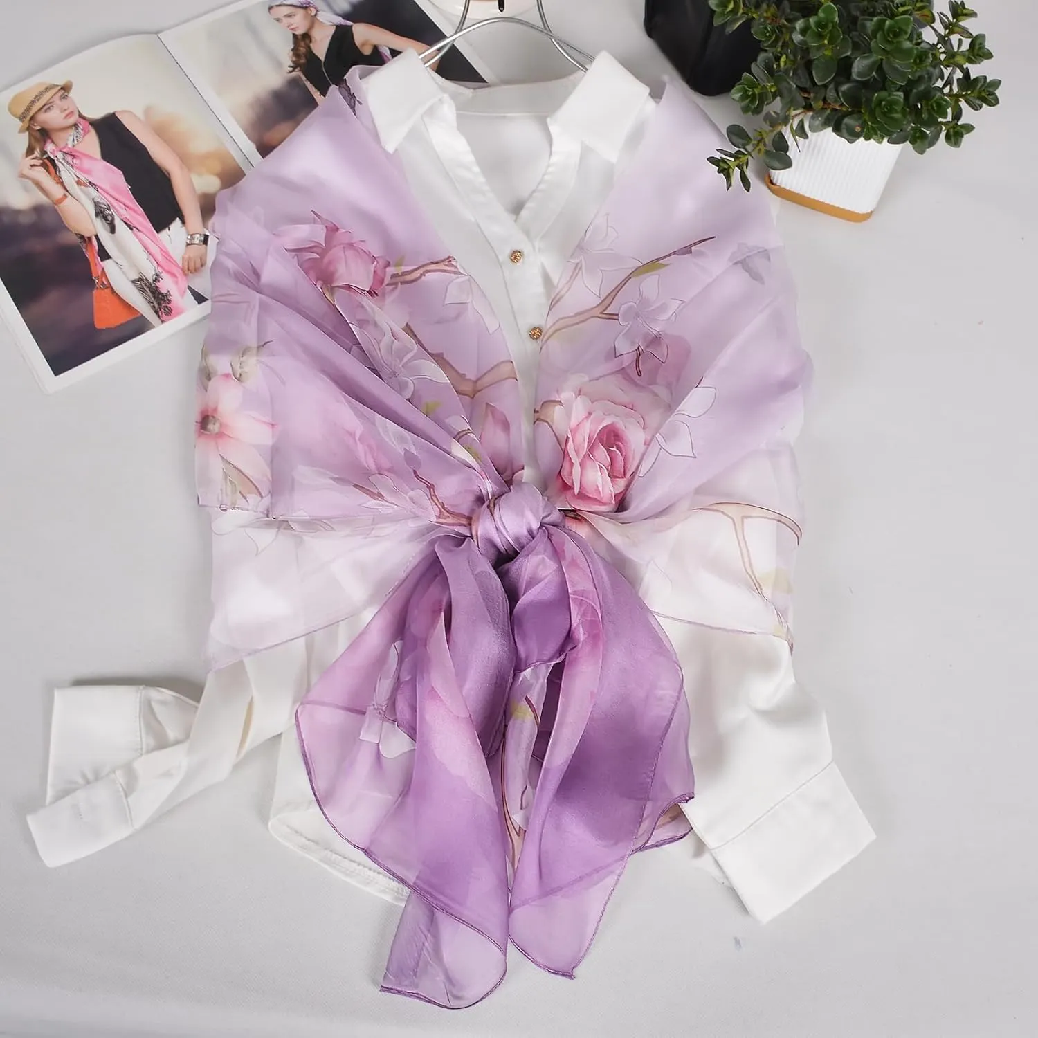 100% Mulberry Silk Women's Neck Silk Scarf-Lightweight Shawl,FLoral Print Oblong Beach Silk Wrap-Scarves for Photography