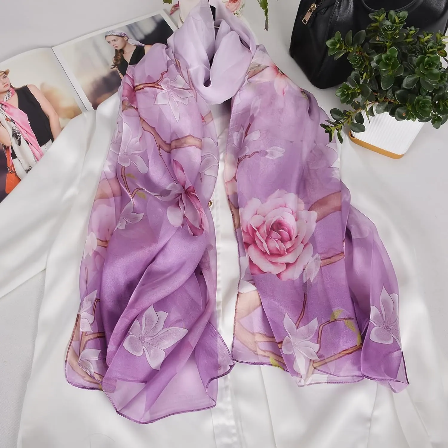 100% Mulberry Silk Women's Neck Silk Scarf-Lightweight Shawl,FLoral Print Oblong Beach Silk Wrap-Scarves for Photography