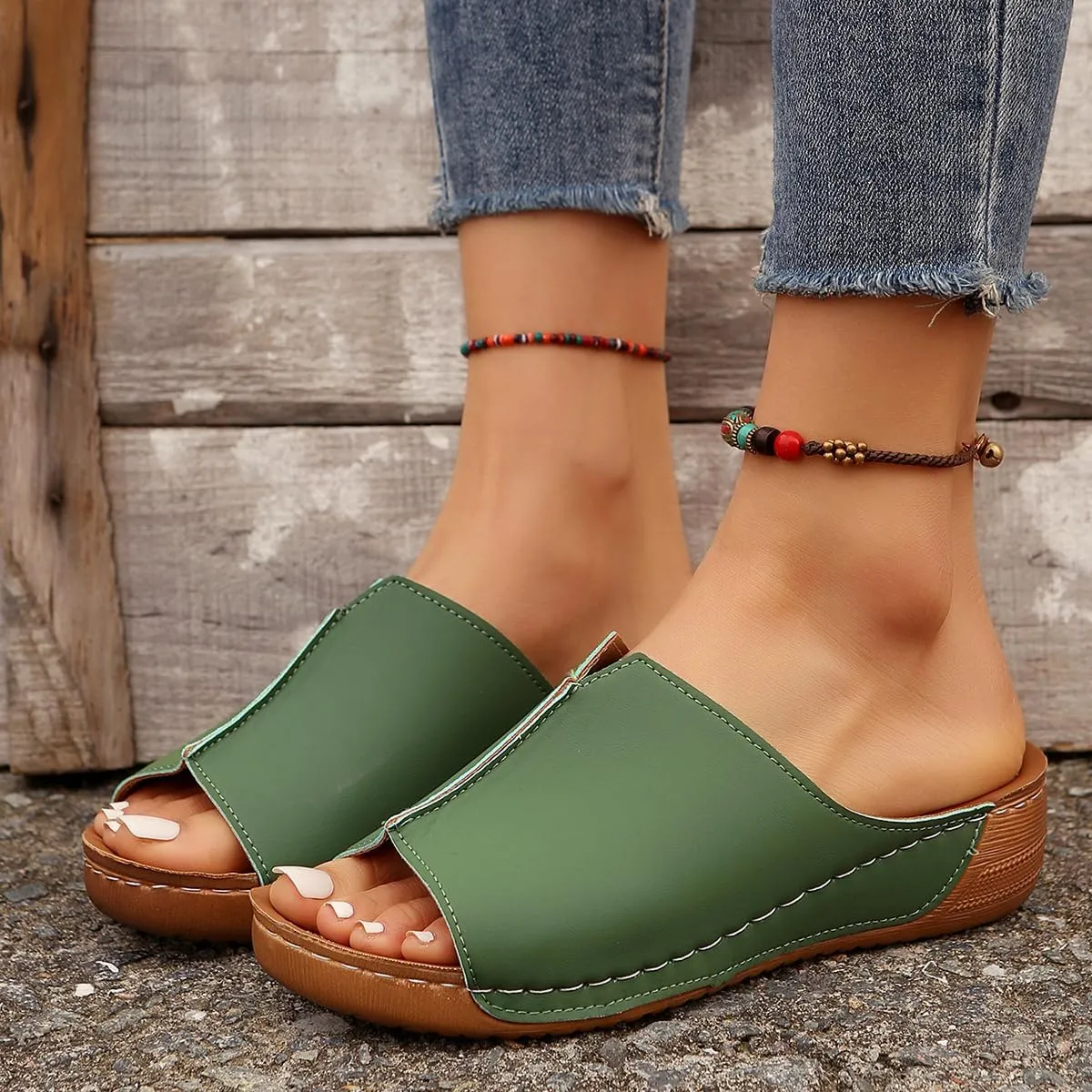2025 Platform Sandals Women Open Toe Orthopedic Arch Support Wedges Sandal Comfortable Slip on Leather Slippers Elegant Outdoor Walking Breathable Wedding Party Shoes