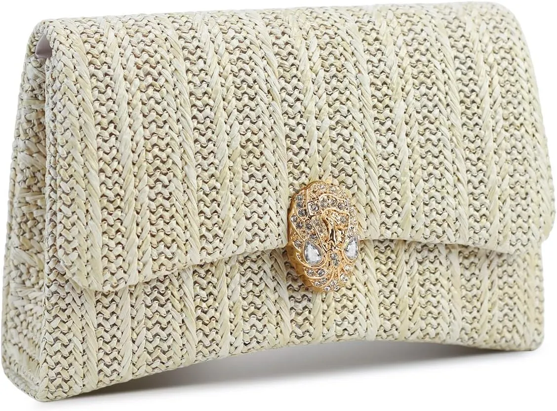 2025 Women's Straw Clutch Purse,Summer Beach Wedding Party Bag,Rattan Woven Vacation Evening Handbag with Chain