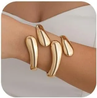 2PC Chunky Gold Cuffs Bracelet Arm Cuff Upper Gold Bangle Chunky Gold Bracelet Open Irregular Statement Bracelets for Women Jewelry