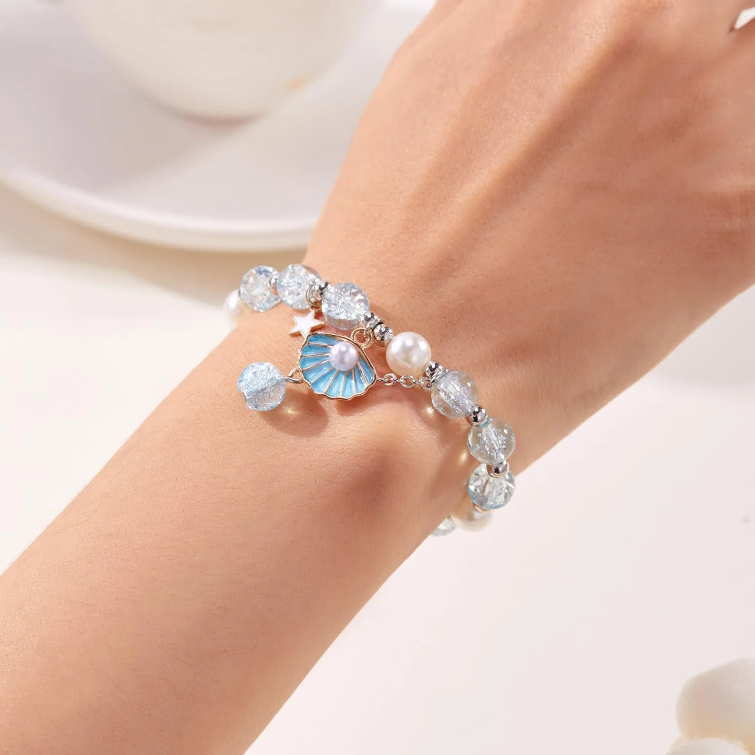 2PCS Crystal Bead Starfish Bracelets for Women Sparkling Crystals Shell Starfish Bracelet Bohemian Beach Summer Crystal Bracelet Jewelry Gift