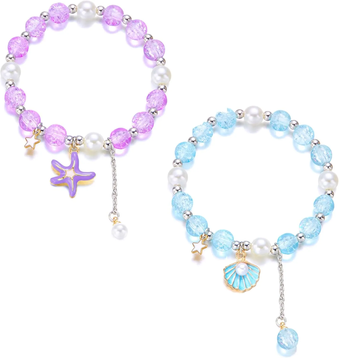 2PCS Crystal Bead Starfish Bracelets for Women Sparkling Crystals Shell Starfish Bracelet Bohemian Beach Summer Crystal Bracelet Jewelry Gift