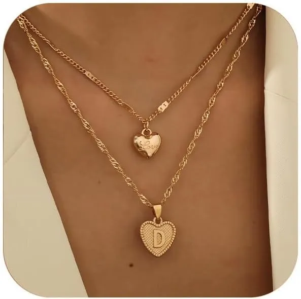 2Pcs Gold Lnitial Necklaces For Women Heart Necklace Layered Gold Necklaces For Women Minimalist 14k Gold Plated Water Wave Chain Personalized Gift