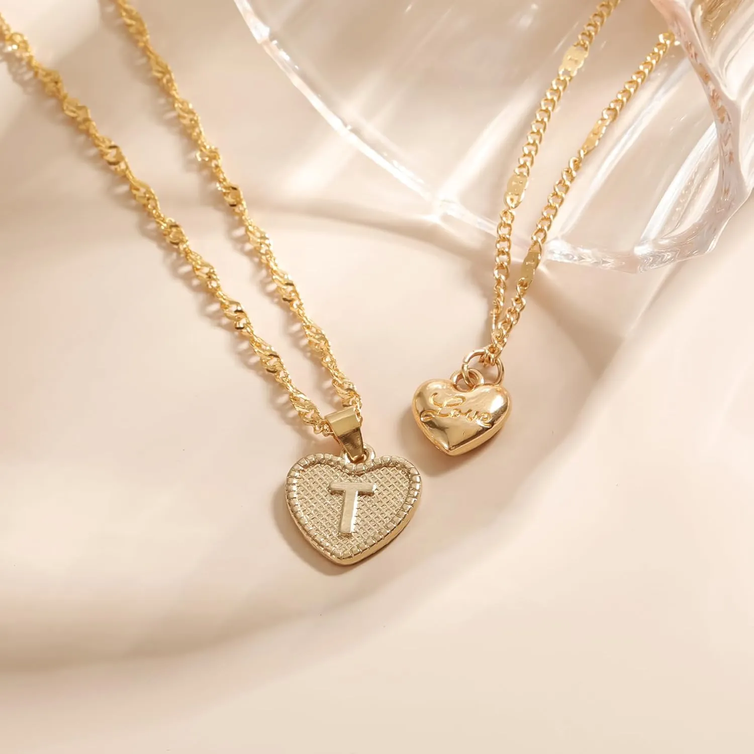 2Pcs Gold Lnitial Necklaces For Women Heart Necklace Layered Gold Necklaces For Women Minimalist 14k Gold Plated Water Wave Chain Personalized Gift