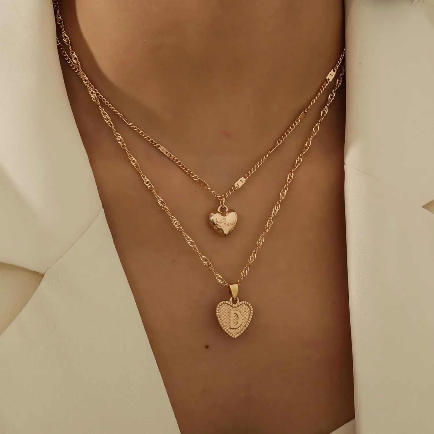 2Pcs Gold Lnitial Necklaces For Women Heart Necklace Layered Gold Necklaces For Women Minimalist 14k Gold Plated Water Wave Chain Personalized Gift