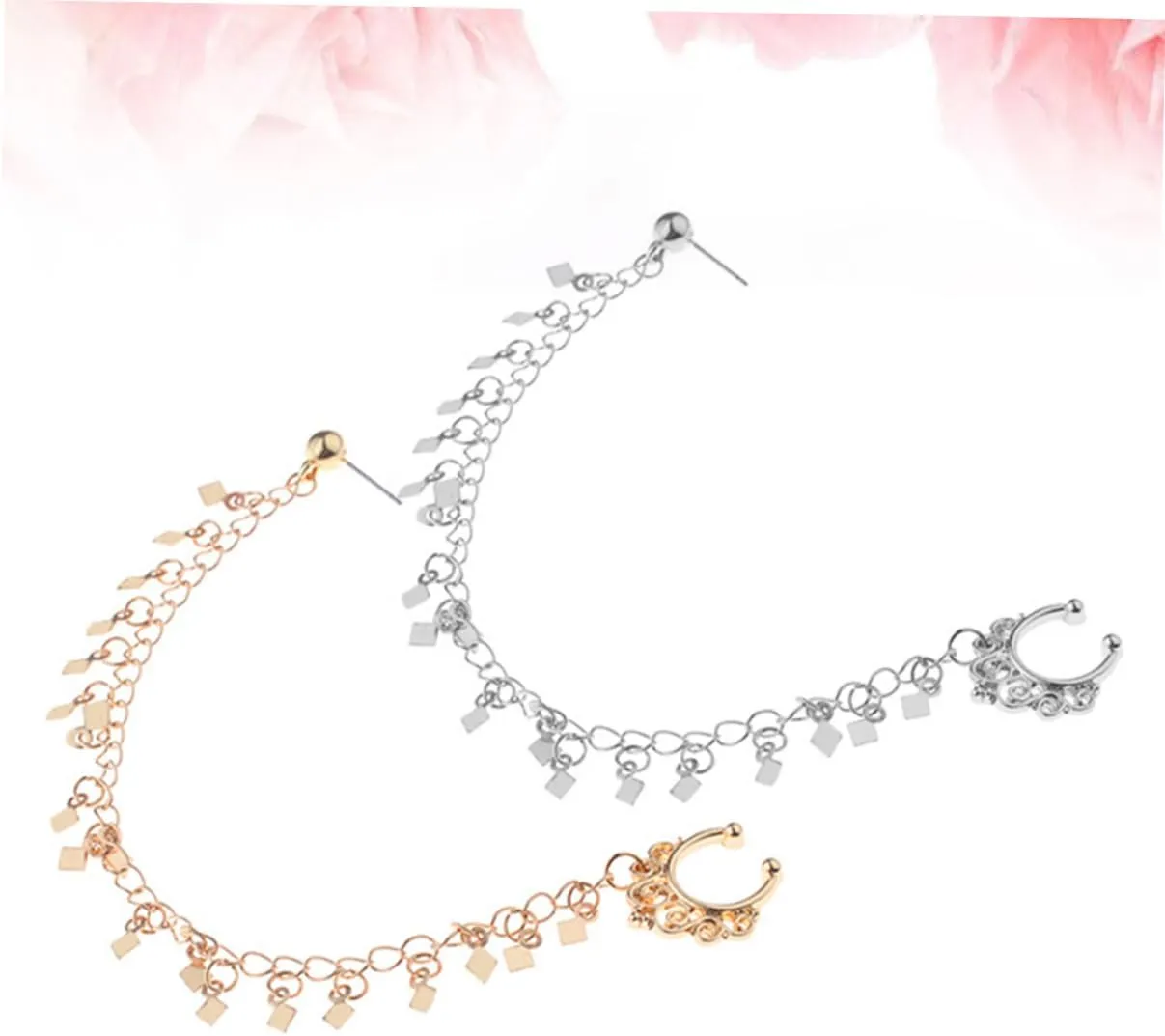 2pcs Punk Earrings Ear to Nose Chain Nose Ear Ring Ear to Nose Clip Tassel Nose Clip