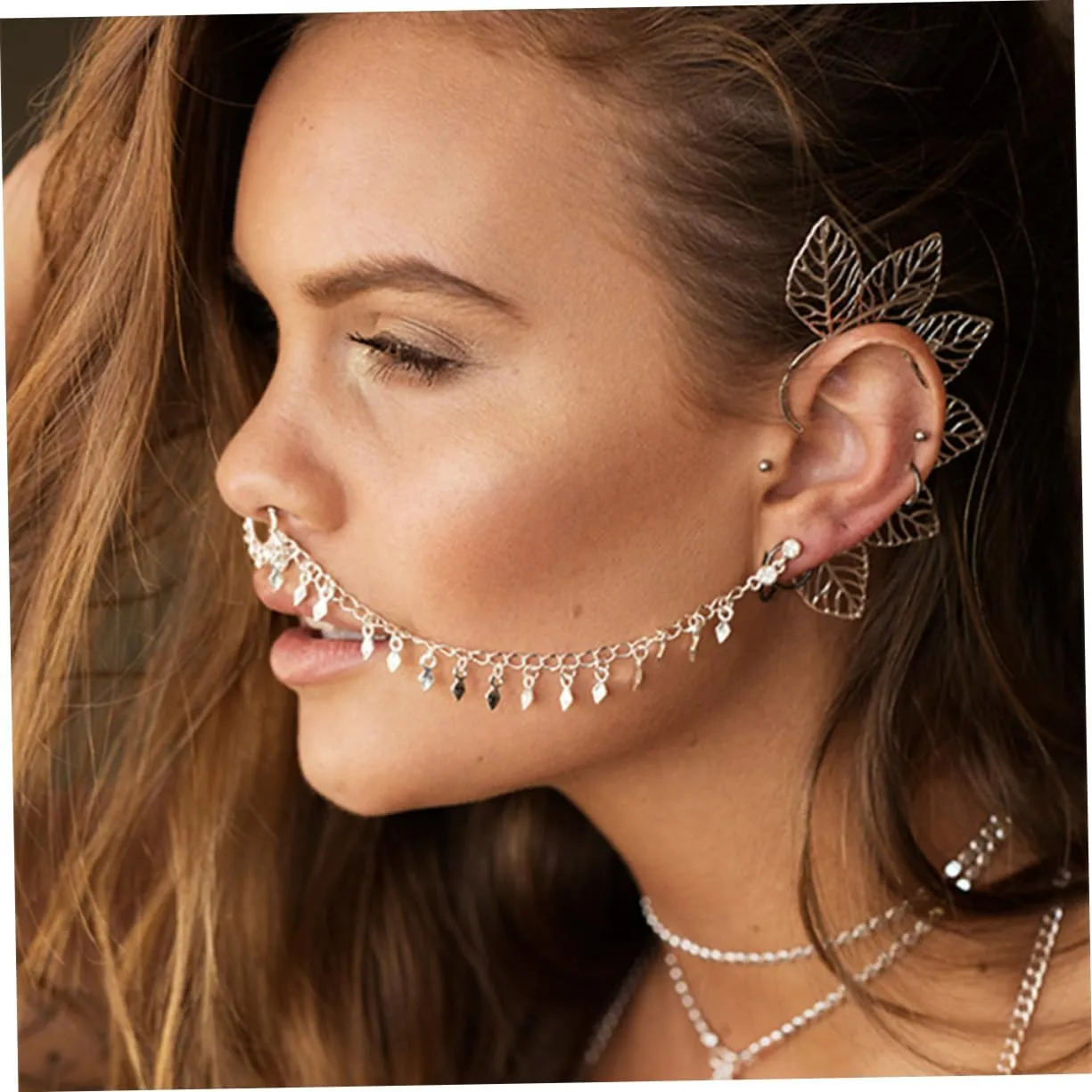 2pcs Punk Earrings Ear to Nose Chain Nose Ear Ring Ear to Nose Clip Tassel Nose Clip
