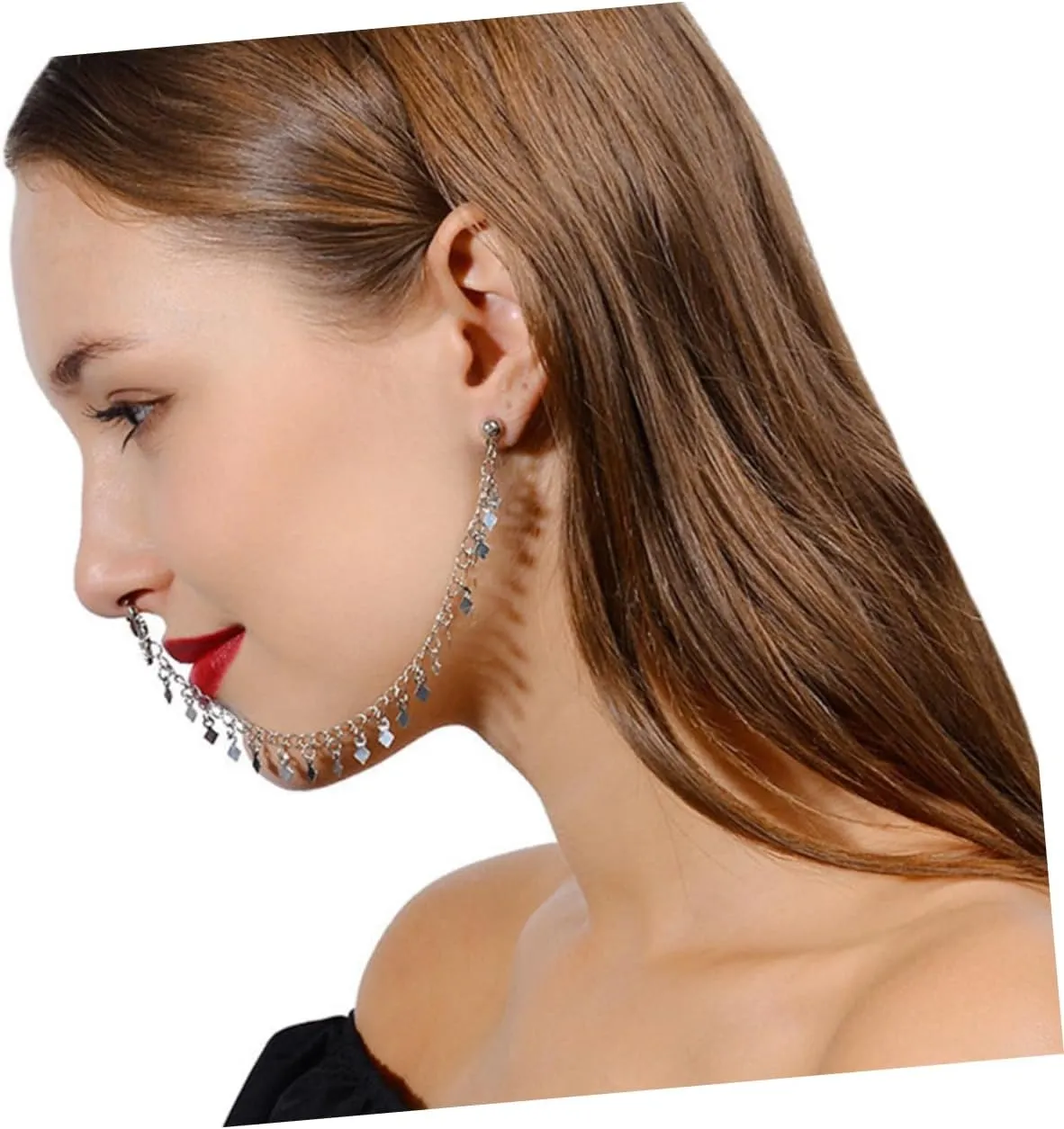 2pcs Punk Earrings Ear to Nose Chain Nose Ear Ring Ear to Nose Clip Tassel Nose Clip