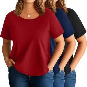 3 Pack Women's Plus Size Cotton Shirts, Scoop Neck Short Sleeve Casual Tops Summer Basic Tunic Tees