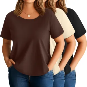 3 Pack Women's Plus Size Cotton Shirts, Scoop Neck Short Sleeve Casual Tops Summer Basic Tunic Tees