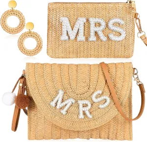 3 Pcs Bride to Be Gifts Straw Shoulder Bag Boho Straw Bride Clutch Purse Rattan Earrings for Wedding Bachelorette