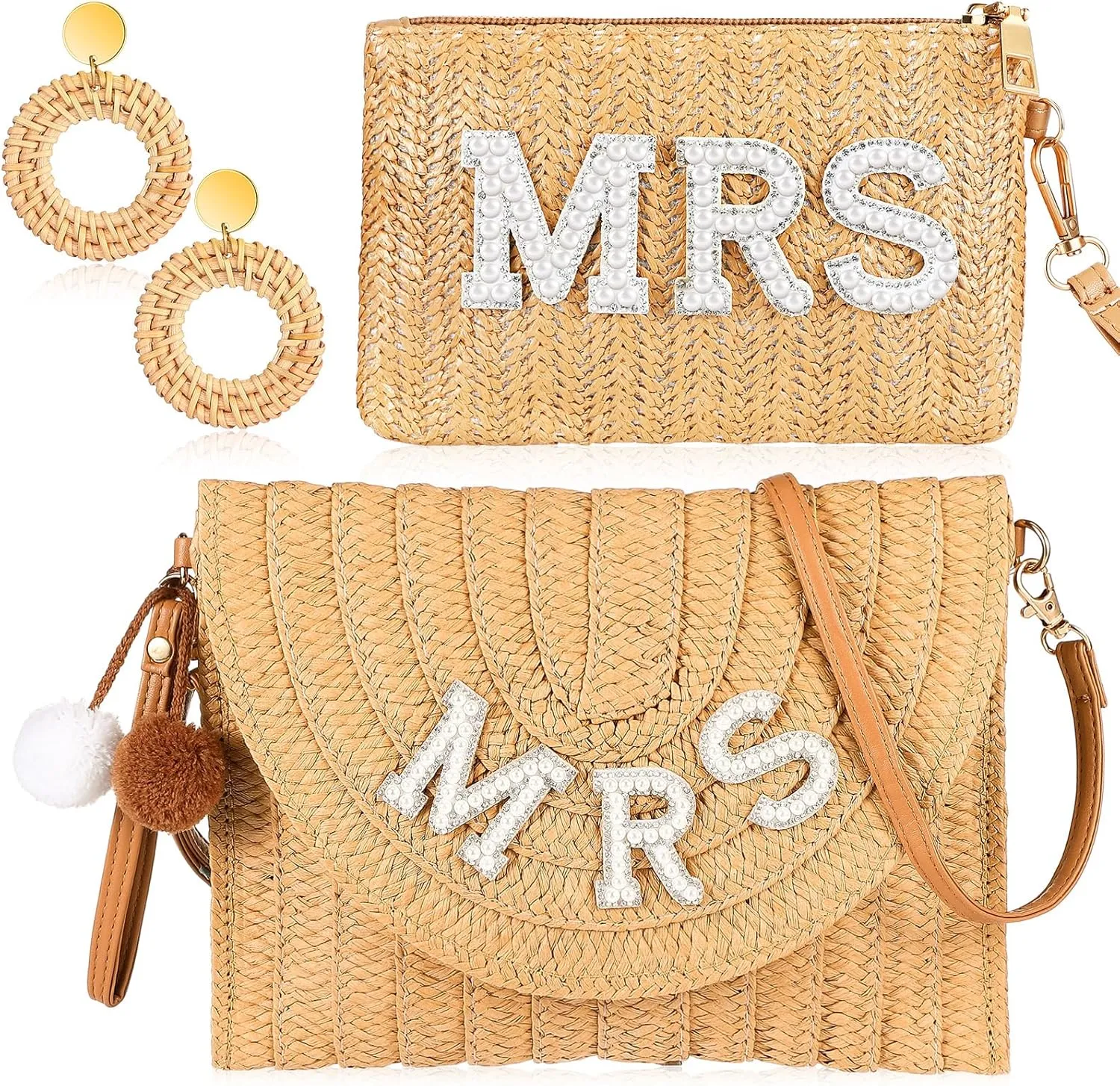 3 Pcs Bride to Be Gifts Straw Shoulder Bag Boho Straw Bride Clutch Purse Rattan Earrings for Wedding Bachelorette