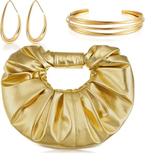 3 Pcs Gold Clutch Purse Jewelry Set for Women Evening Handbag Gold Cuff Bracelet Oval Teardrop Hoop Earrings for Women Evening Prom Party Wedding Dating Gift