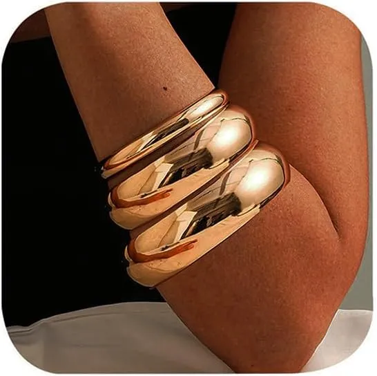 3 Pieces Gold Chunky Bracelets for Women Golden Bangles for Women Punk Style Wide Chunky Cuff Bracelets Stack