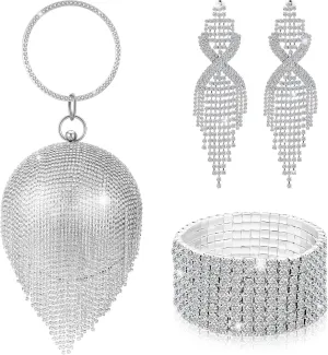 3 Pieces Silver Clutch Purses Bag for Women Evening Rhinestone Jewelry Set Bling Earrings Elastic Bracelets Set Rhinestone for Women Wedding Party