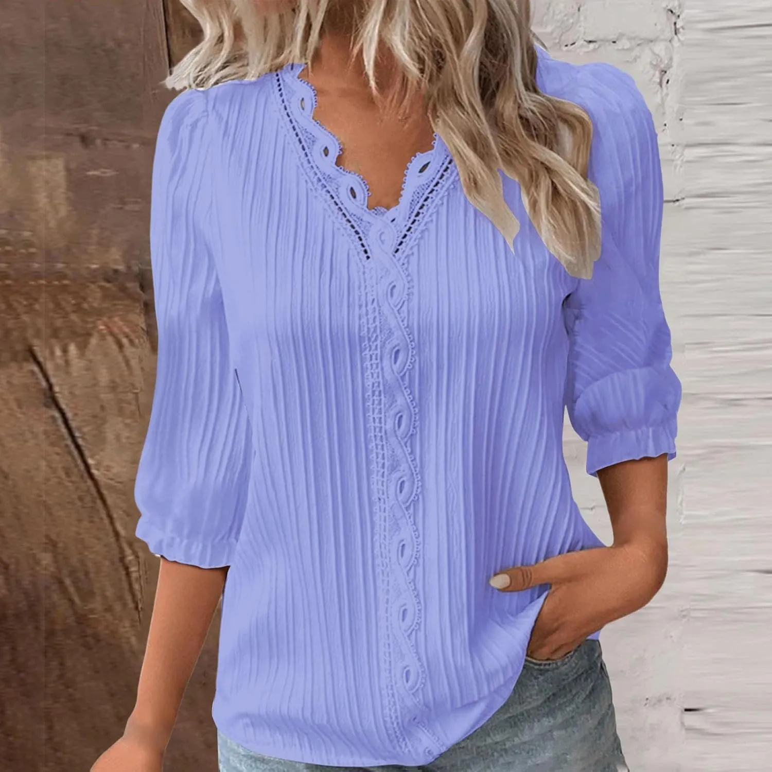 3/4 Length Sleeve Womens Tops 2025 Dressy Casual V Neck Tshirts Trendy Puff Short Sleeve Loose Fit Hollow Blouses