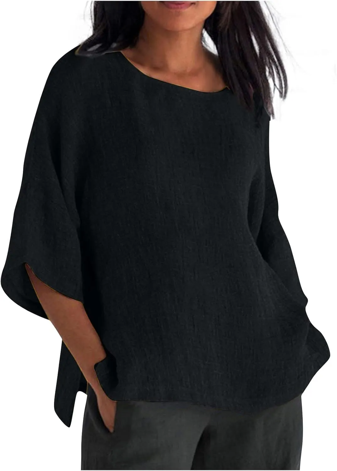 3/4 Length Sleeve Womens Tops 2025 Spring Crewneck Going Out Blouse Cotton Linen Casual Three Quarter Sleeve Shirts