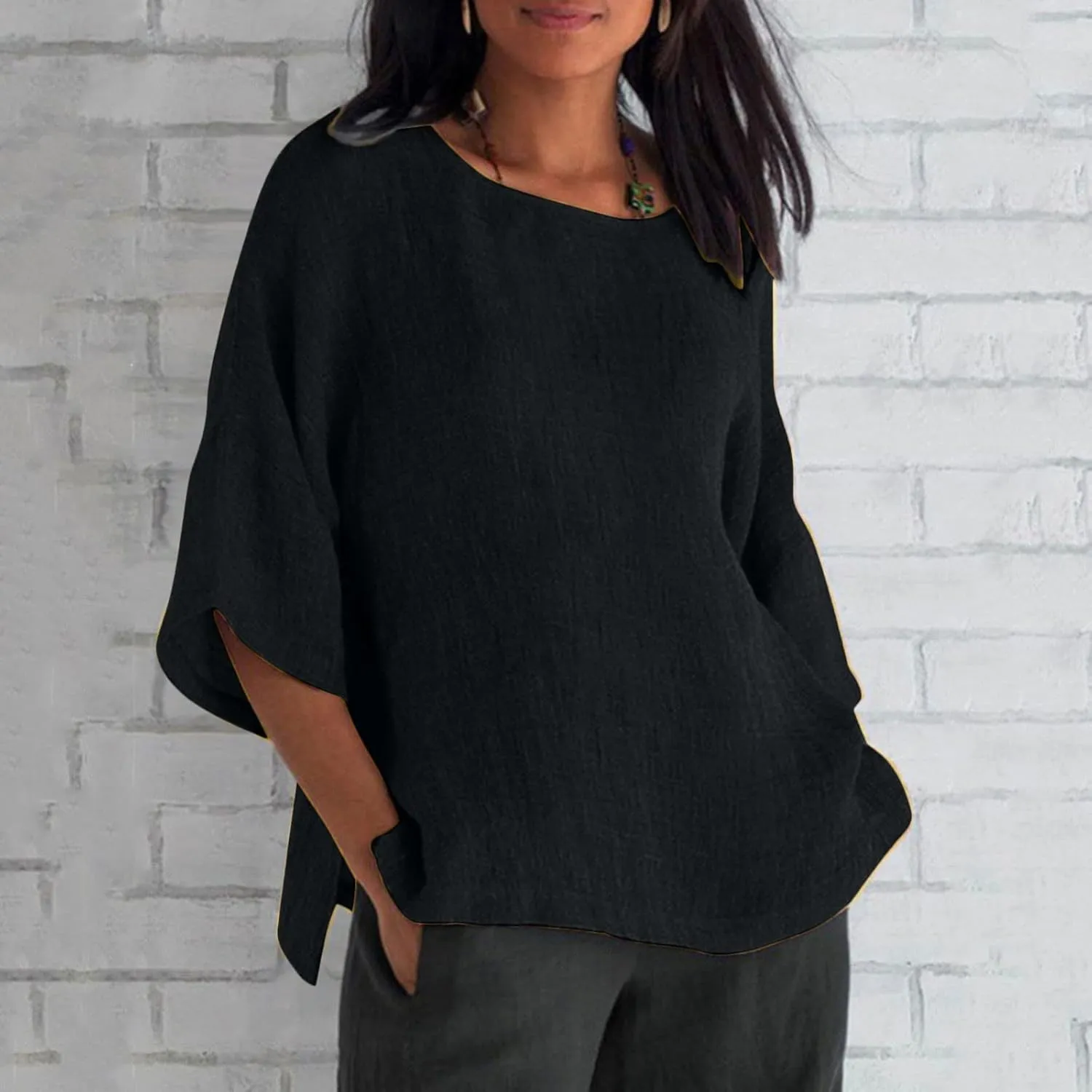 3/4 Length Sleeve Womens Tops 2025 Spring Crewneck Going Out Blouse Cotton Linen Casual Three Quarter Sleeve Shirts