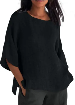 3/4 Length Sleeve Womens Tops 2025 Spring Crewneck Going Out Blouse Cotton Linen Casual Three Quarter Sleeve Shirts