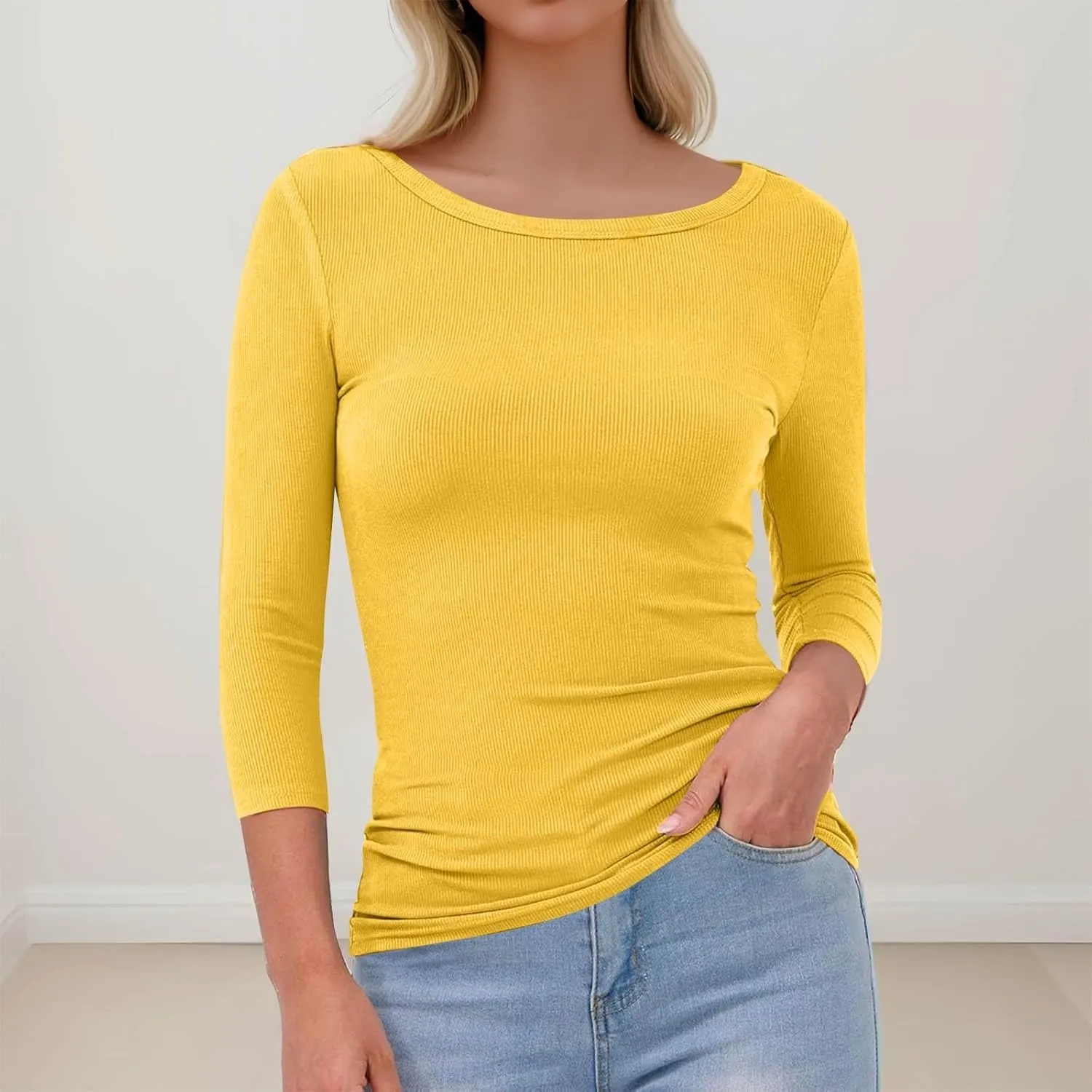 3/4 Length Sleeve Womens Tops Fitted Knit Casual Crew Neck T Shirts Dressy Stretchy Ribbed Comfy Work Blouse