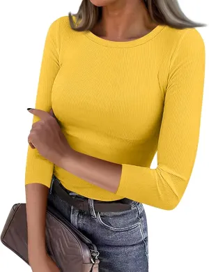 3/4 Length Sleeve Womens Tops Fitted Knit Casual Crew Neck T Shirts Dressy Stretchy Ribbed Comfy Work Blouse