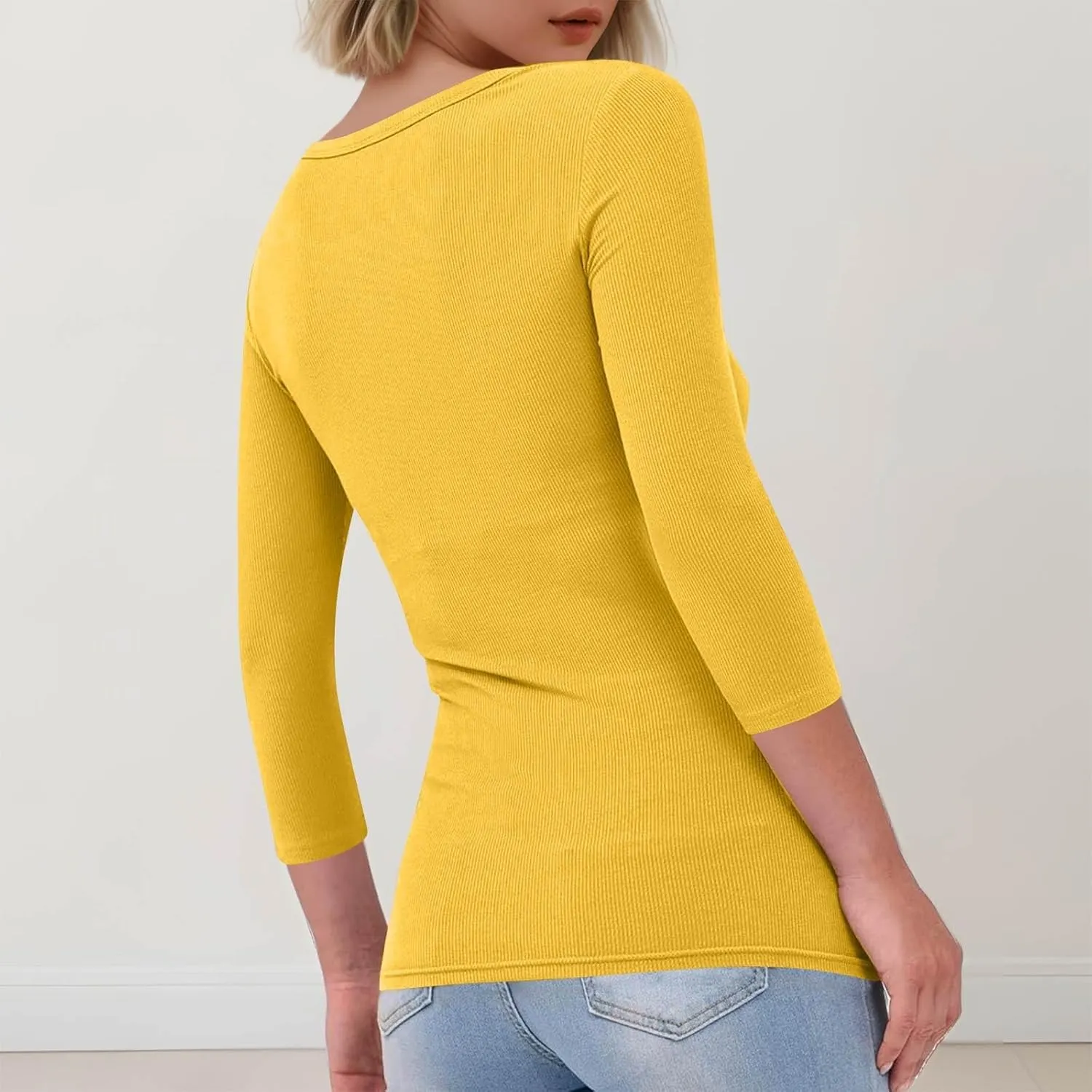 3/4 Length Sleeve Womens Tops Fitted Knit Casual Crew Neck T Shirts Dressy Stretchy Ribbed Comfy Work Blouse