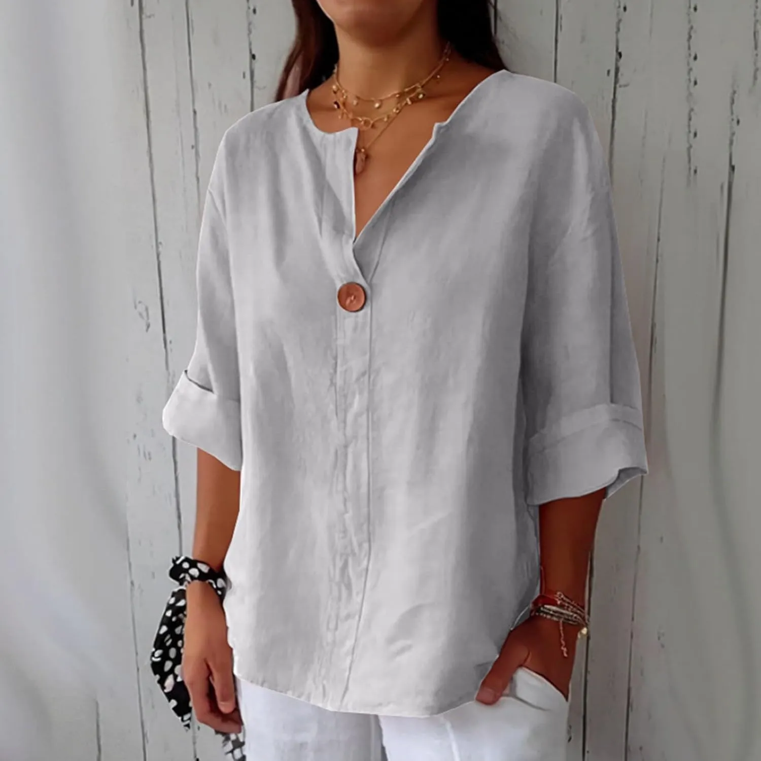 3/4 Length Sleeve Womens Tops Summer Button Down V Neck Cotton Linen Shirts Trendy Going Out Casual Tunics Blouses
