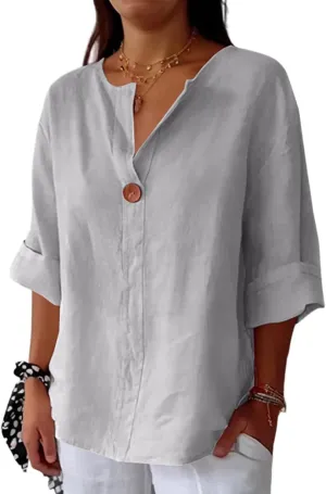 3/4 Length Sleeve Womens Tops Summer Button Down V Neck Cotton Linen Shirts Trendy Going Out Casual Tunics Blouses