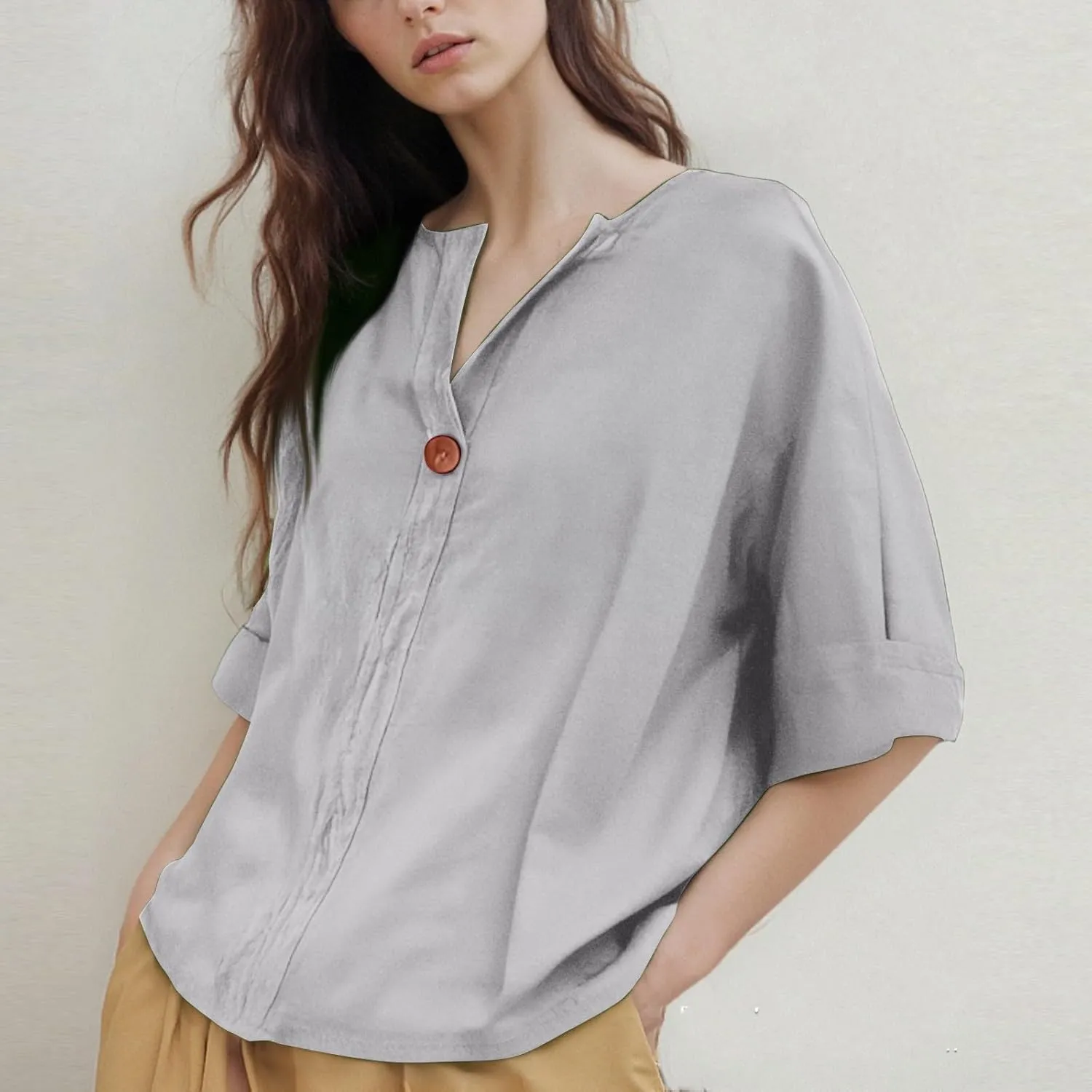 3/4 Length Sleeve Womens Tops Summer Button Down V Neck Cotton Linen Shirts Trendy Going Out Casual Tunics Blouses