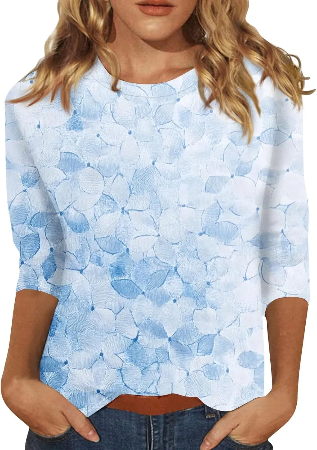 3/4 Length Sleeve Womes Tops Dressy Floral Crew Neck T Shirts Loose Fit Graphic Tees Lightweight Tops Blouses