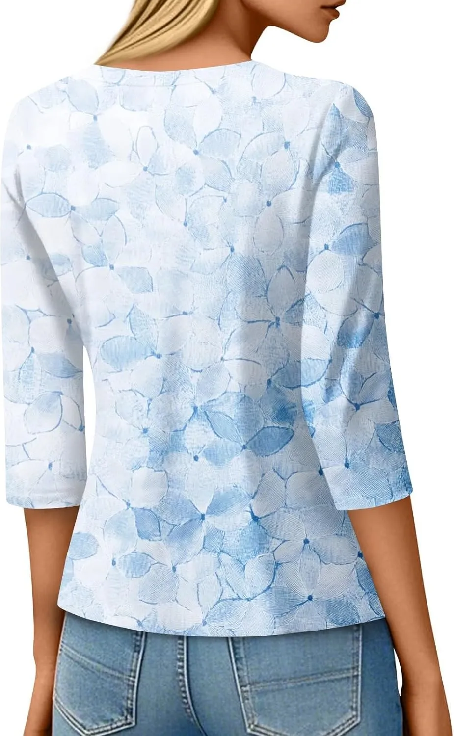 3/4 Length Sleeve Womes Tops Dressy Floral Crew Neck T Shirts Loose Fit Graphic Tees Lightweight Tops Blouses