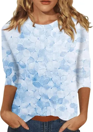 3/4 Length Sleeve Womes Tops Dressy Floral Crew Neck T Shirts Loose Fit Graphic Tees Lightweight Tops Blouses