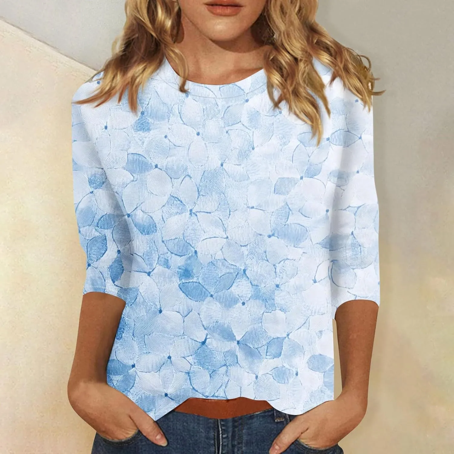 3/4 Length Sleeve Womes Tops Dressy Floral Crew Neck T Shirts Loose Fit Graphic Tees Lightweight Tops Blouses