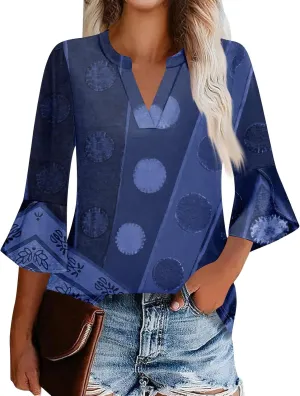 3/4 Sleeve Tops for Women V Neck Summer T Shirts Trendy Bell Sleeve Floral Print Blouses Dressy Casual 2025 Tops Cute