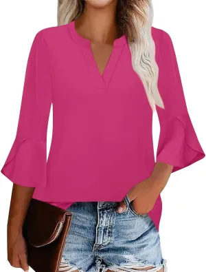 3/4 Sleeve Tops for Women V Neck Summer T Shirts Trendy Bell Sleeve Floral Print Blouses Dressy Casual 2025 Tops Cute