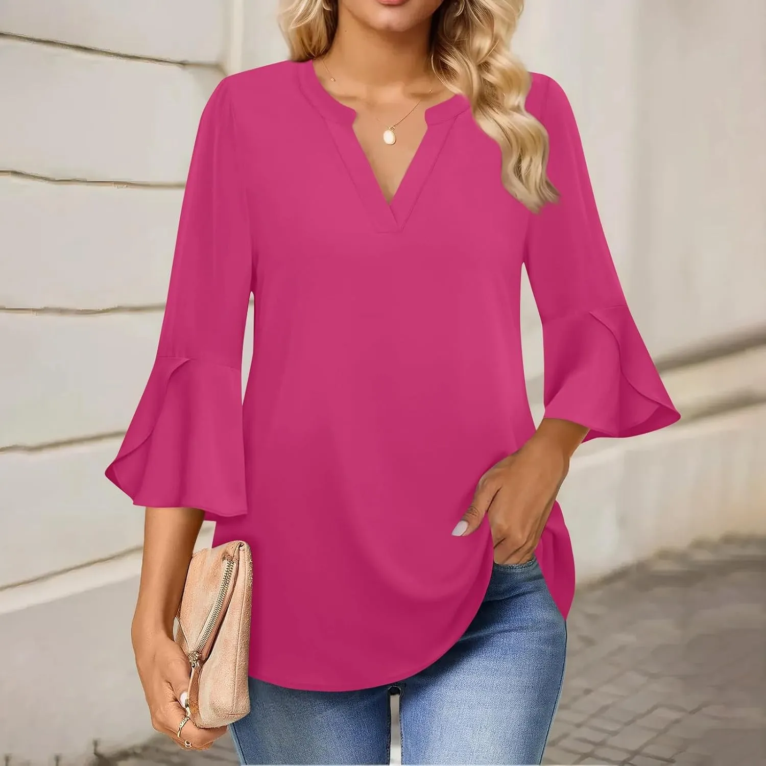 3/4 Sleeve Tops for Women V Neck Summer T Shirts Trendy Bell Sleeve Floral Print Blouses Dressy Casual 2025 Tops Cute