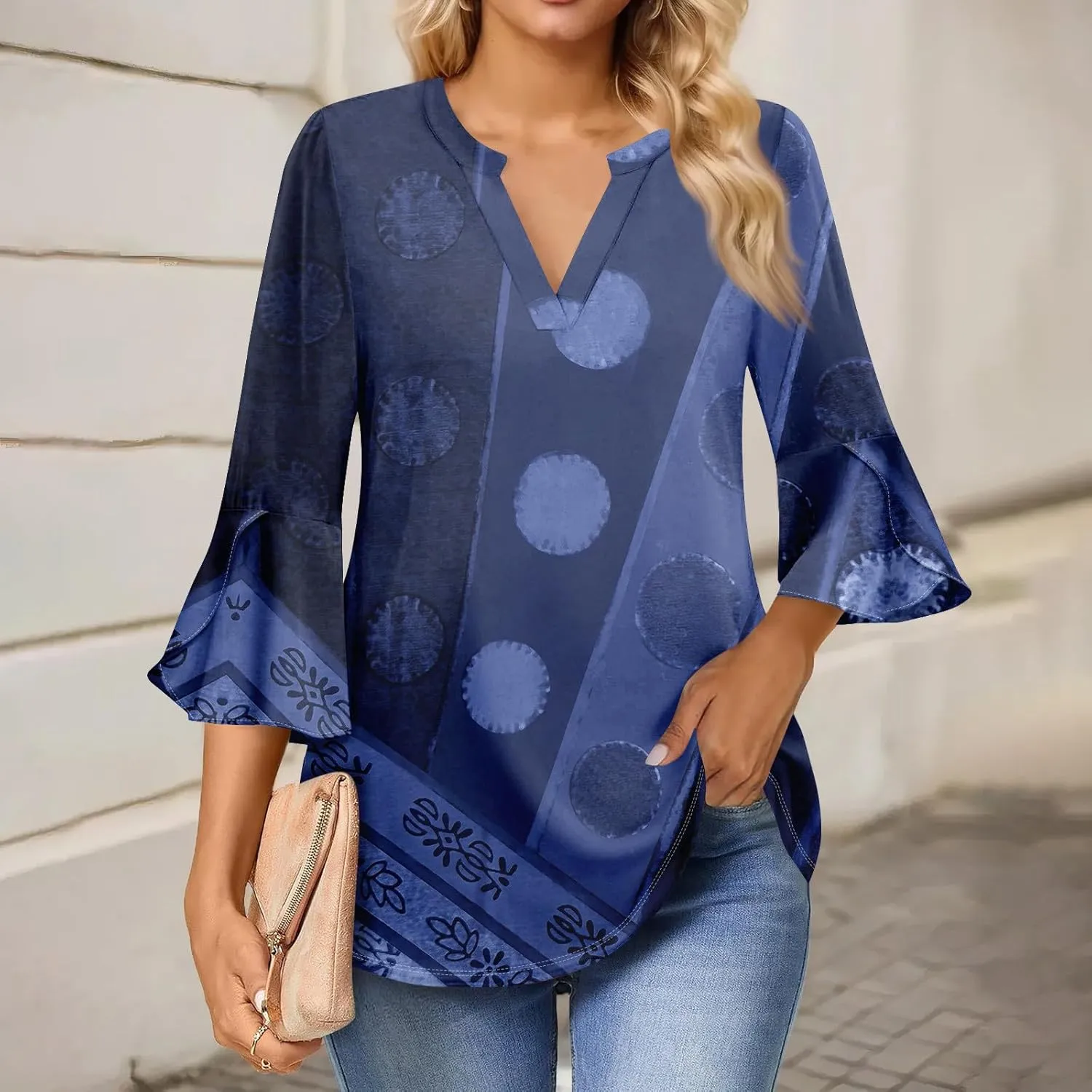 3/4 Sleeve Tops for Women V Neck Summer T Shirts Trendy Bell Sleeve Floral Print Blouses Dressy Casual 2025 Tops Cute