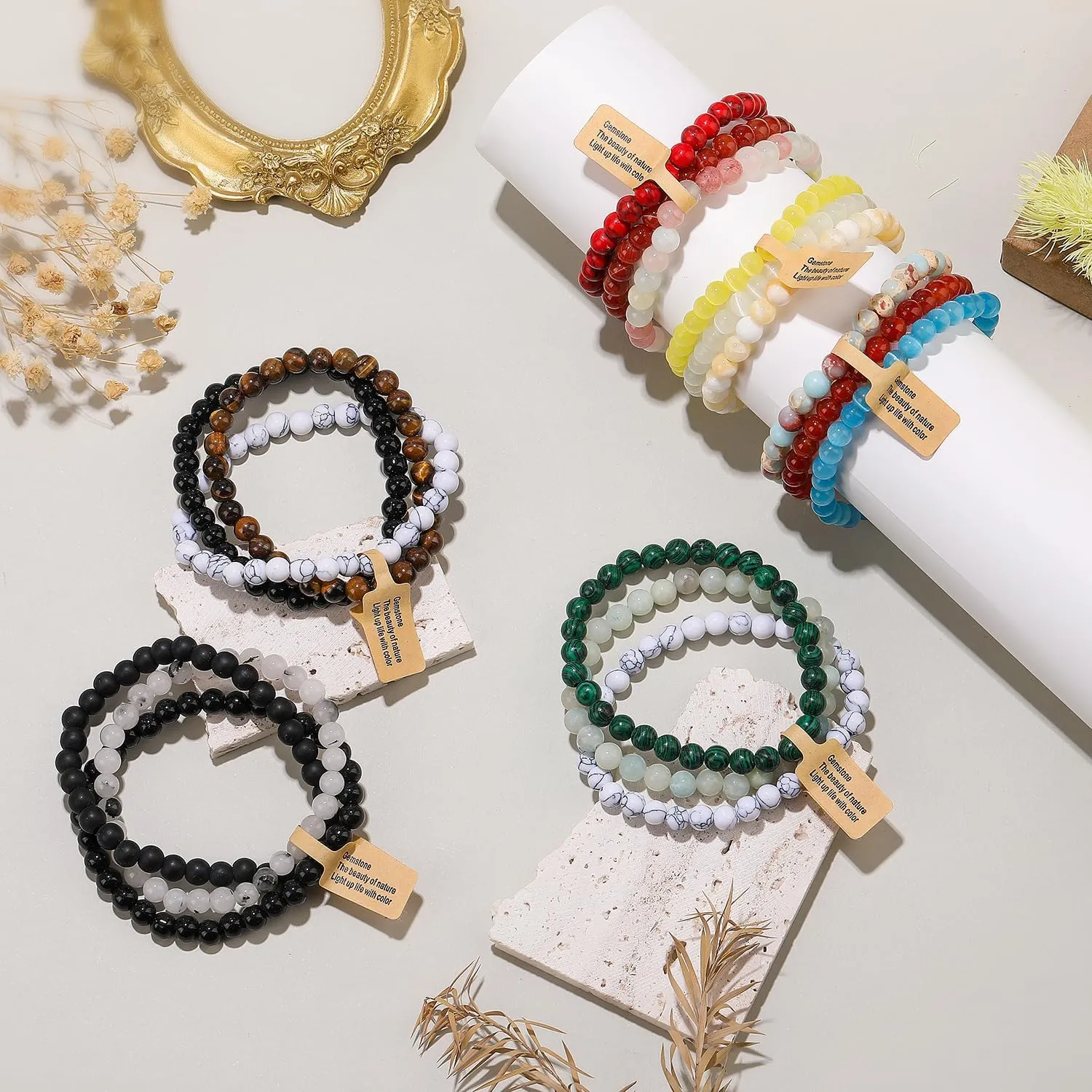 3Pcs 6/8mm Stretch Beaded Bracelet Healing Crystal Stone Bracelets for Women Men Semi-Precious Gemstone Bracelets Round Beads Jewelry Gifts Box