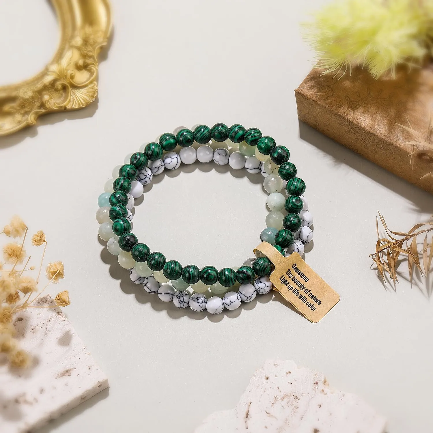 3Pcs 6/8mm Stretch Beaded Bracelet Healing Crystal Stone Bracelets for Women Men Semi-Precious Gemstone Bracelets Round Beads Jewelry Gifts Box