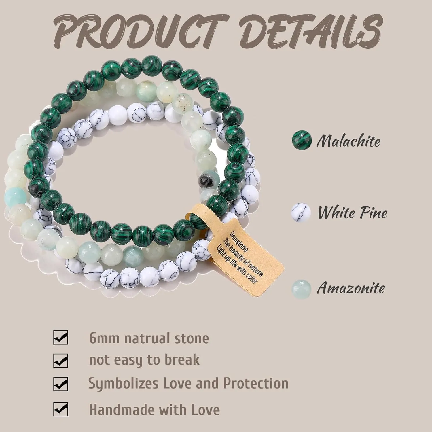 3Pcs 6/8mm Stretch Beaded Bracelet Healing Crystal Stone Bracelets for Women Men Semi-Precious Gemstone Bracelets Round Beads Jewelry Gifts Box
