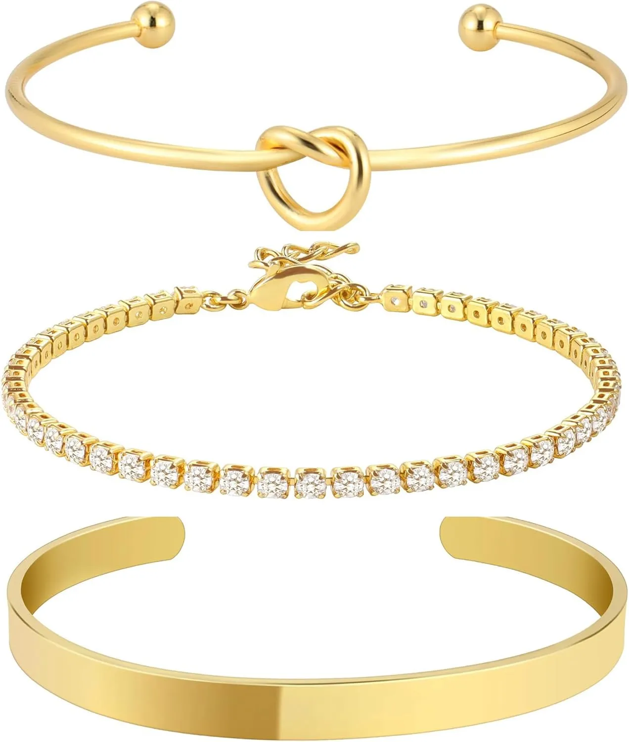3pcs Gold Bangle Bracelets for Women, 14k Gold Plated Bracelet Love Knot Bracelets, Tennis Bracelets Gifts for Women Stack Cuff Bangles Adjustable Jewelry Set