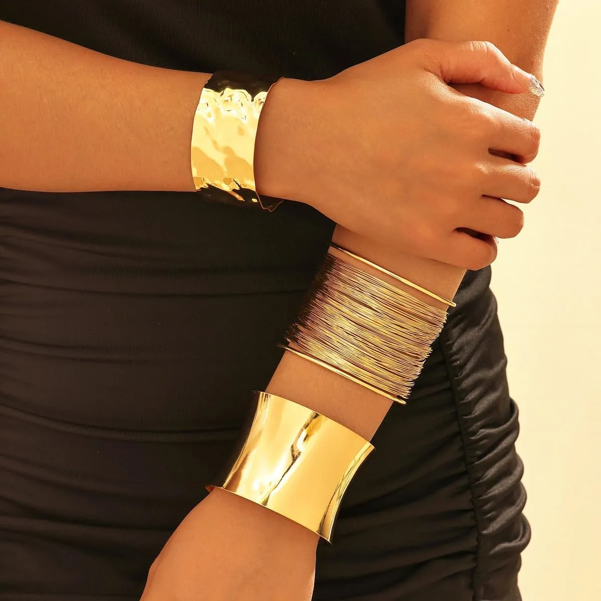 3PCS Gold Chunky Cuff Bracelets for Women Irregular Minimalist Statement Bangle Bracelets Set Open Wide Bangle Arm Cuff Upper Arm Punk Jewelry