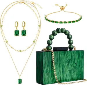 4 Pcs Acrylic Green Clutch Bag for Women Emerald Green Purse Jewelry Set for Women Evening Handbag Layered Necklace Bracelet Earrings Set for Formal Prom Birthday Wedding Party