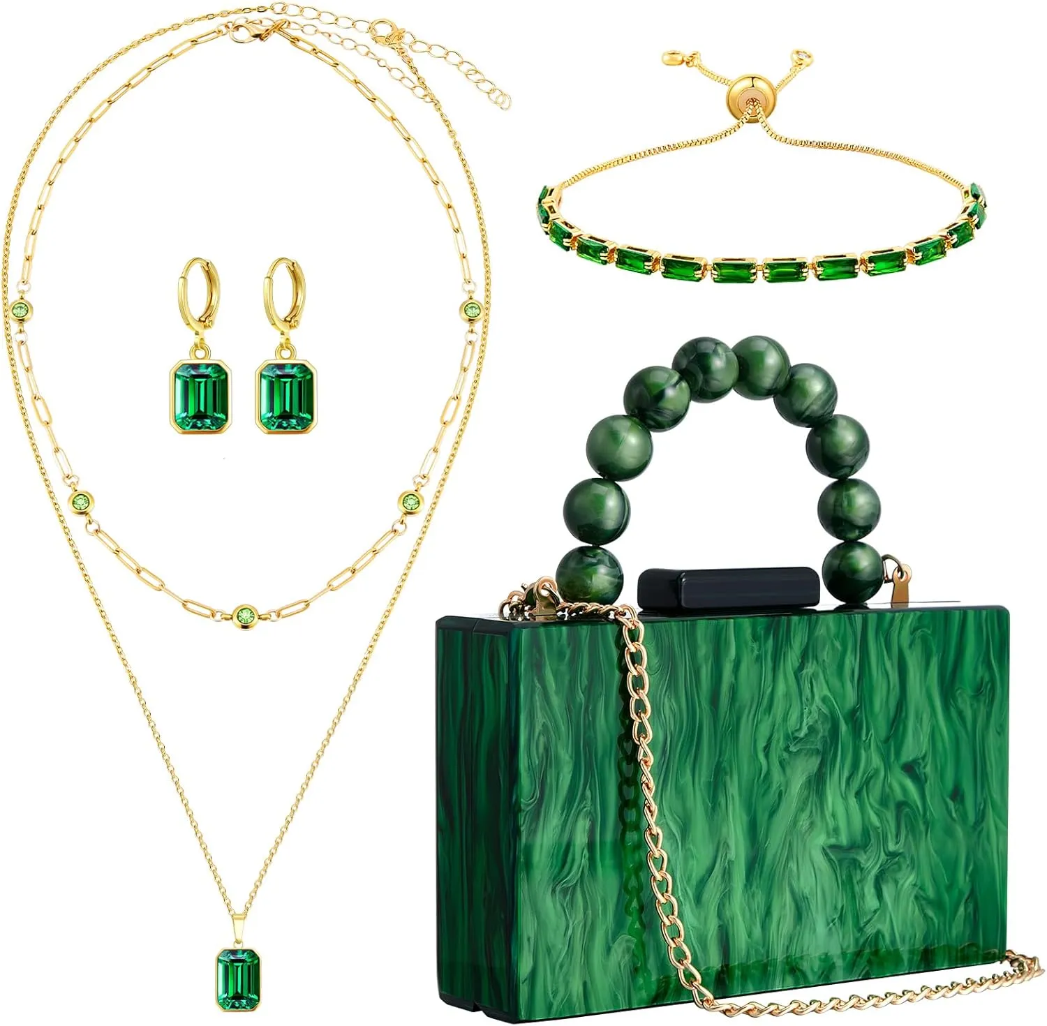 4 Pcs Acrylic Green Clutch Bag for Women Emerald Green Purse Jewelry Set for Women Evening Handbag Layered Necklace Bracelet Earrings Set for Formal Prom Birthday Wedding Party
