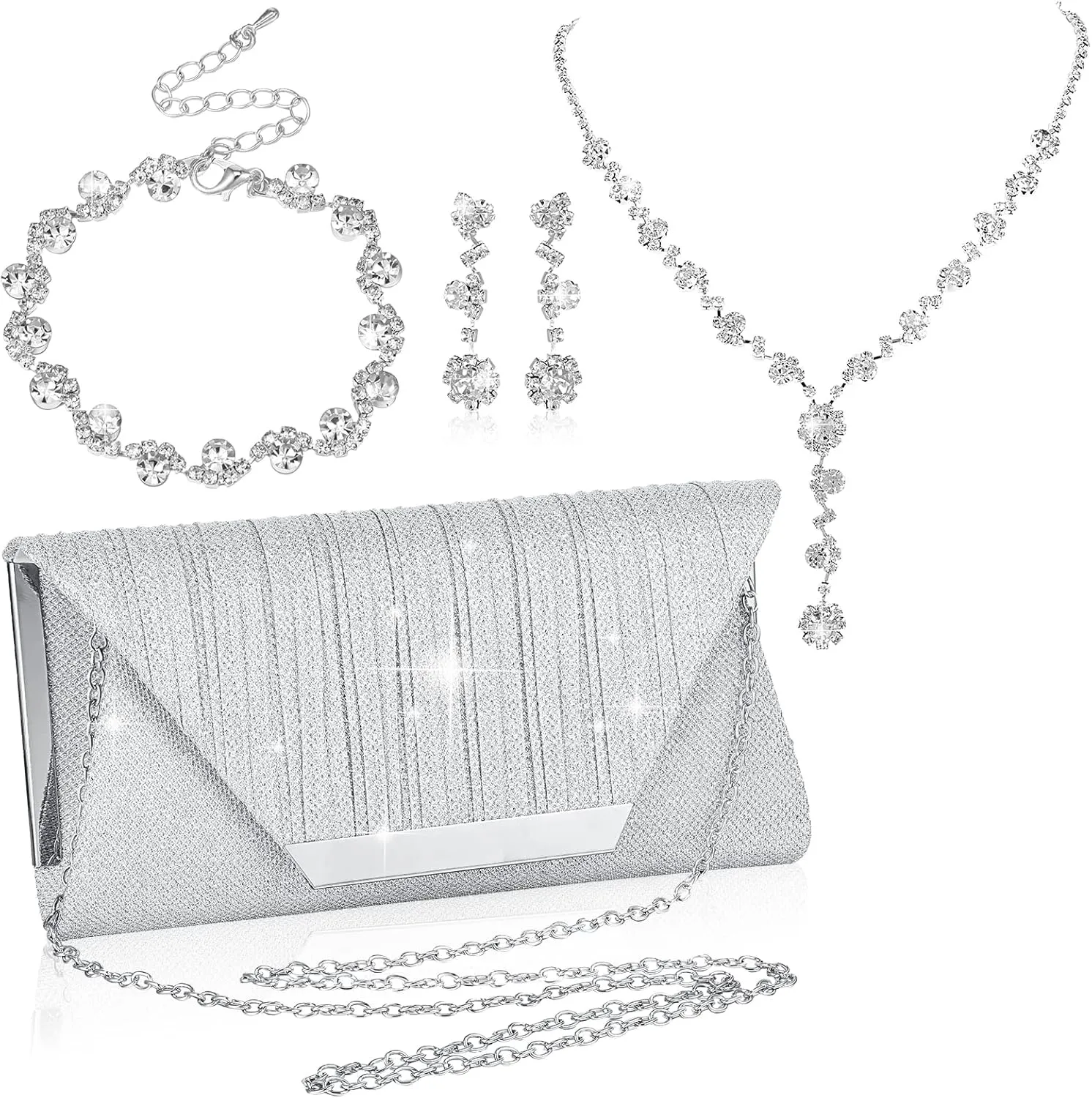 4 Pcs Bling Clutch Purse Rhinestone Jewelry Set for Women Evening Bag Crystal Earrings Bridal Necklace Bracelet Accessories