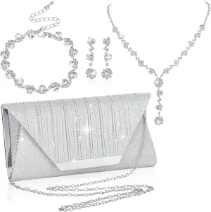 4 Pcs Bling Clutch Purse Rhinestone Jewelry Set for Women Evening Bag Crystal Earrings Bridal Necklace Bracelet Accessories