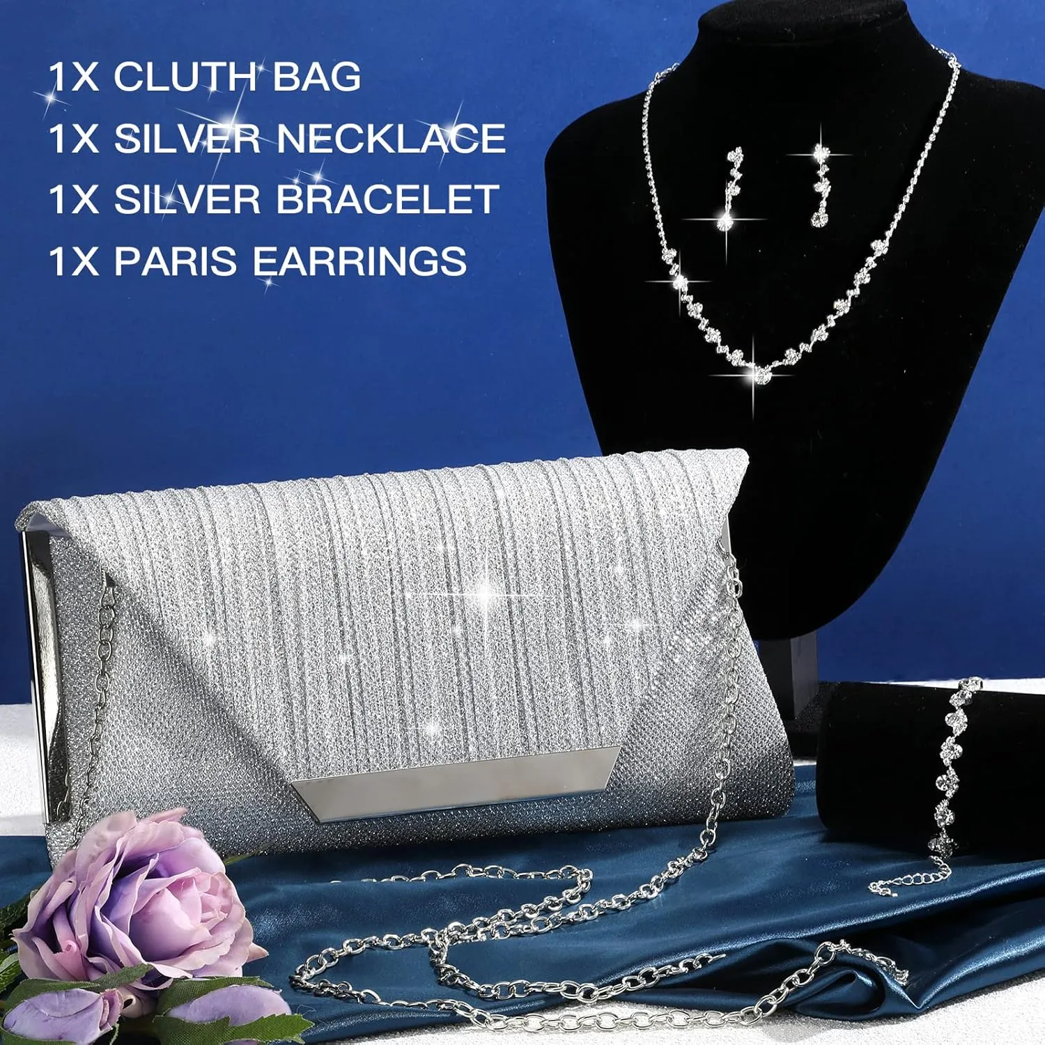 4 Pcs Bling Clutch Purse Rhinestone Jewelry Set for Women Evening Bag Crystal Earrings Bridal Necklace Bracelet Accessories